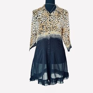 #54 JERRY T ~ Leopard Print Button-Up Top w/Sheer Black Bottom Piece 3/4 Sleeves